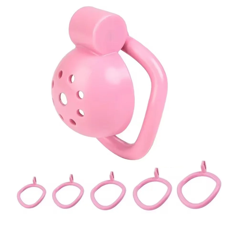 Pink Male Penis Chastity Cage Set Small Bird Chastity Cage Belt With Padlock 5 Cock Ring