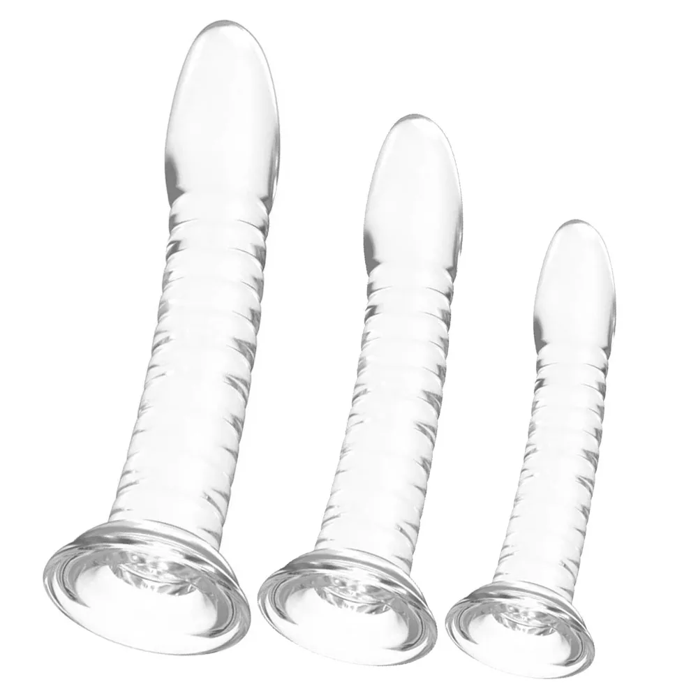 Clear Dildo Set with Strong Suction Cup, Ribbed Texture, Available in 3 Sizes for